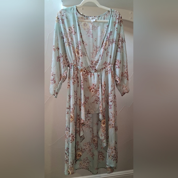 L.I.F.E. Floral Aqua High Low Flowy Sheer Maxi Dress/Coverup Size M - Picture 1 of 9
